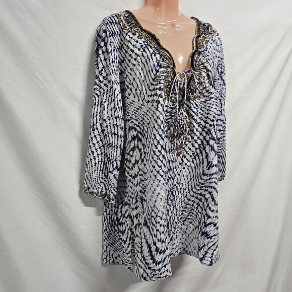 Soft Surroundings South Beach Beaded Top tunic Blouse Women Size XL White Blue - Picture 15 of 15